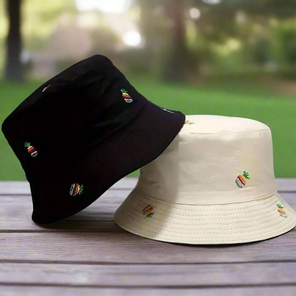 Everlynn Pineapple Embroidered Reversible Bucket Hat Tan Black Gift Packaged - Picture 9 of 9